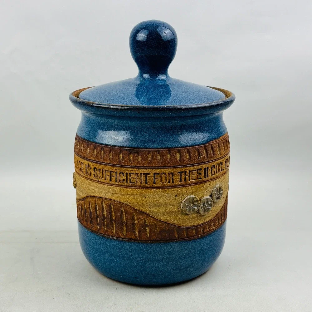 Down to Earth Pottery Canister Blue Stoneware My Grace Is Sufficient II Cor 12:9